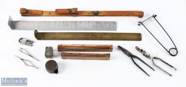 Vintage Fishing Tackle Accessories inc 3x wood, brass and aluminium fish measures, a Milward's