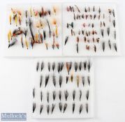 3x clear plastic containers with salmon, sea trout singles, doubles, treble flies - over 120 (3)