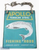 Apollo Tubular Steel Fishing Rods Shop Advertising Glass Sign c1950, longer casts, heavier fish -