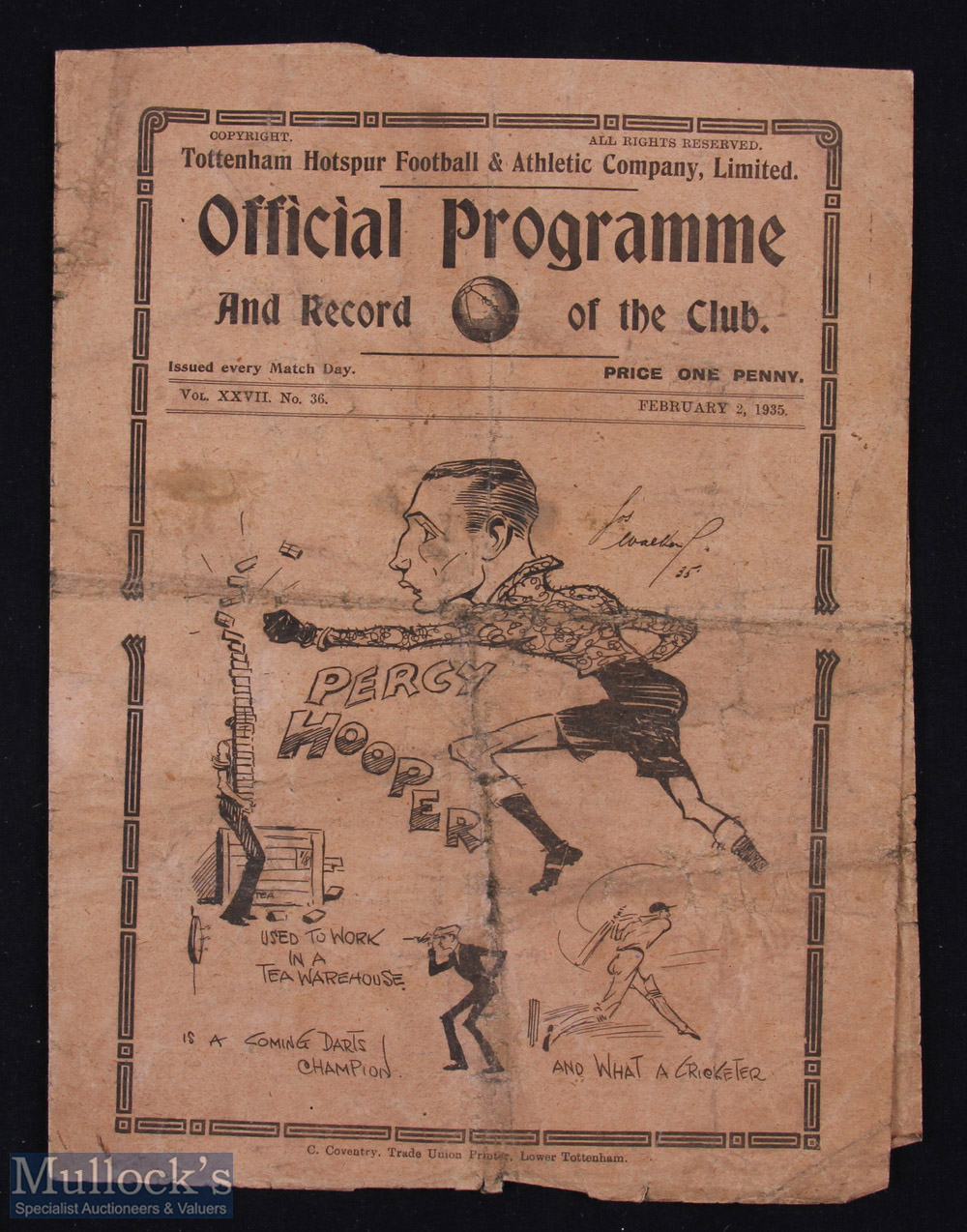 Pre-war 1934/1935 Tottenham Hotspur v Chelsea London Combination match programme 2 February 1935;