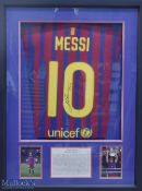 Lionel Messi Signed Barcelona Home replica Football Shirt in blue and red, autographed to the