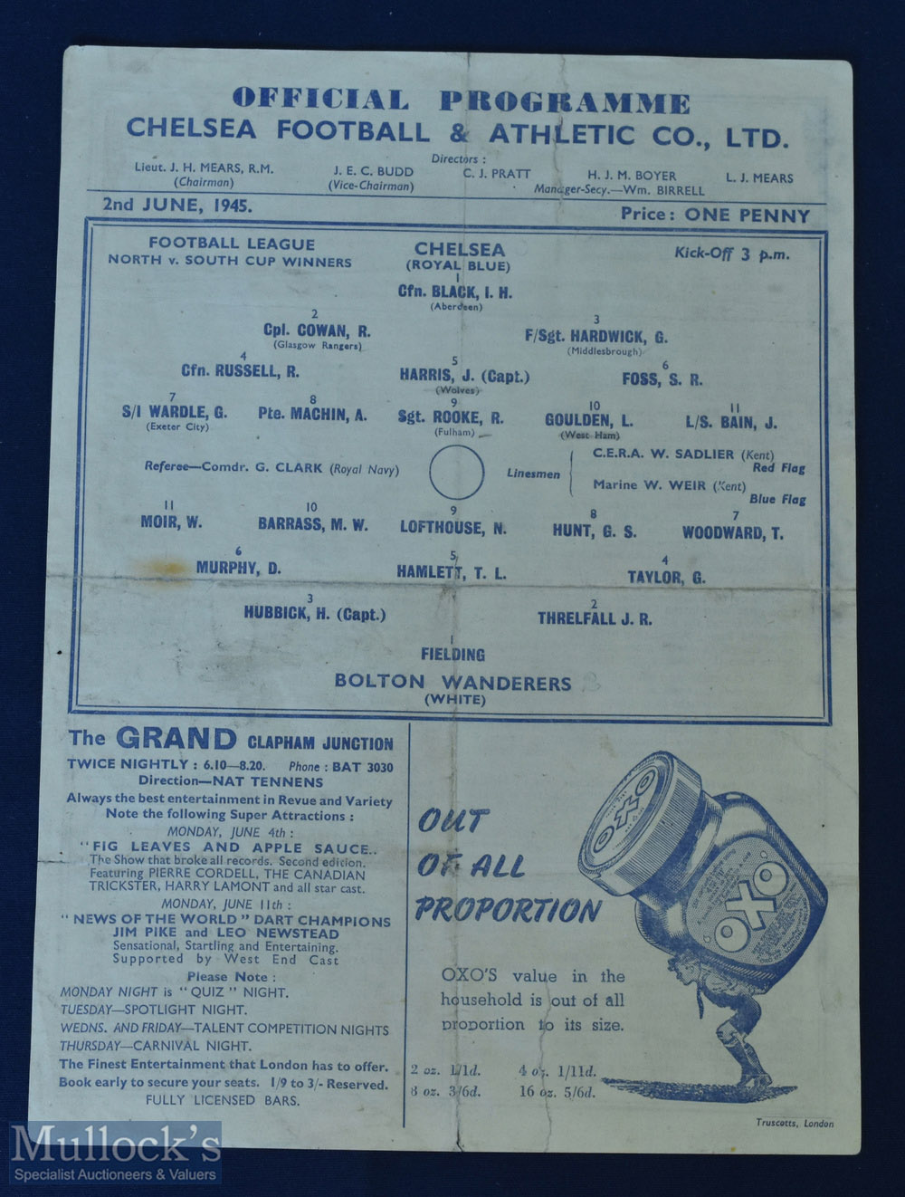1945 Cup Winners Challenge Chelsea v Bolton Wanderers single sheet match programme at Stamford
