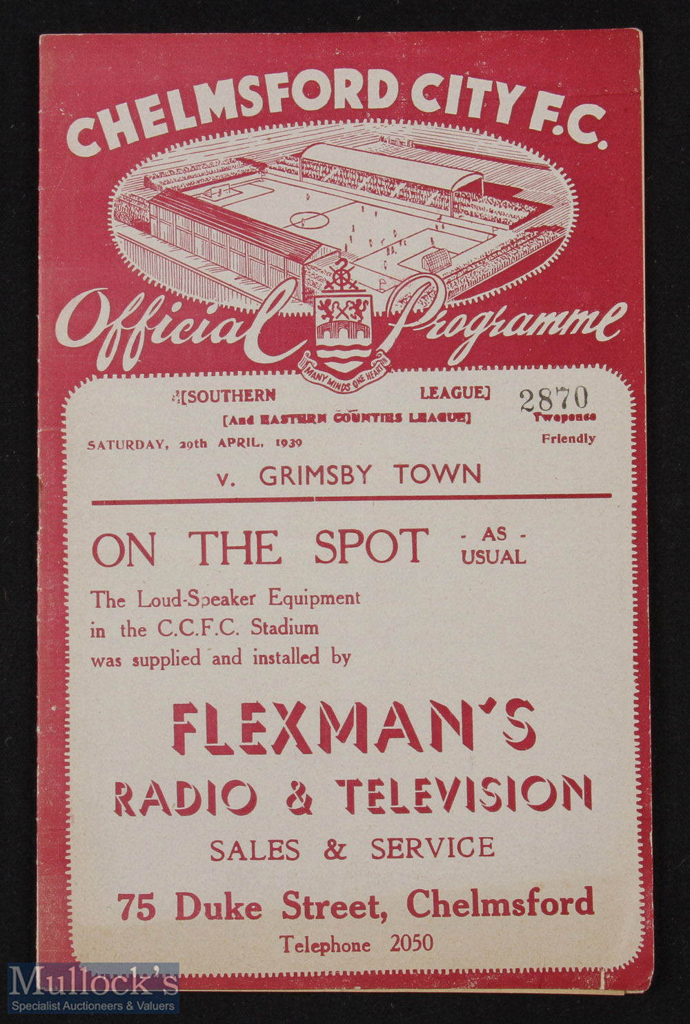 Scarce pre-war 1938/1939 Chelmsford City v Grimsby Town friendly match programme 29 April 1939; good