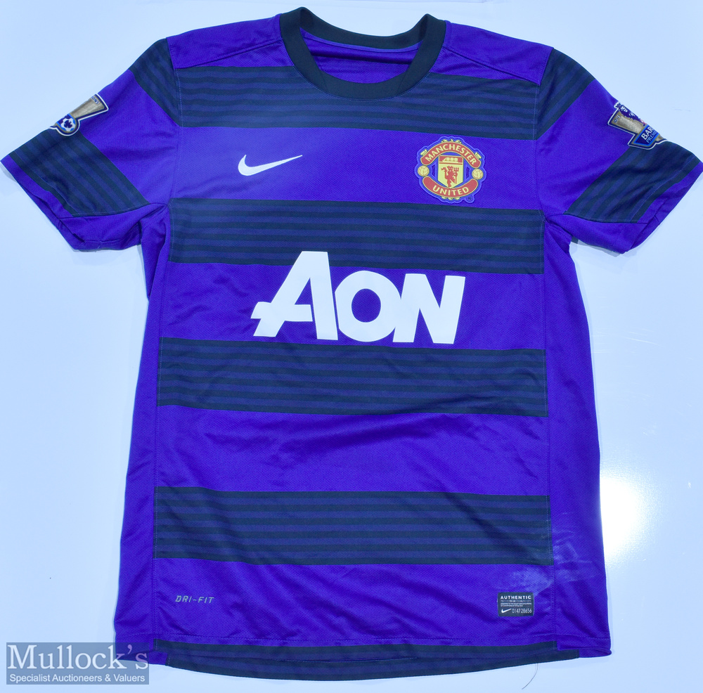 2012/13 Manchester United Away Football Shirt in blue, AON/Nike sponsors, Premier League shoulder