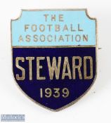 1939 The Football Association Steward Final Tie Enamel Badge, with makers mark on back of