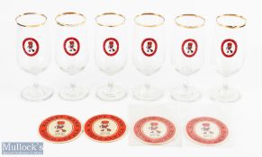 1966 World Cup Willie Watney Mann gold rim beer glass and beer mats, 6 stemmed beer glass and 4 beer