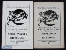 Derby County home friendly match programmes 1953/54 Hibernian 28 October 1953; 1957/58 Kilmarnock