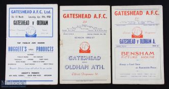 Gateshead v Oldham Athletic Div. 3 (N) match programmes 1954/55, 1956/57 1957/58; fair condition. (