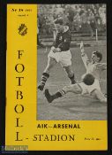 1957/58 AIK Stockholm v Arsenal tour match programme 4 August 1957; fair/good. (1)