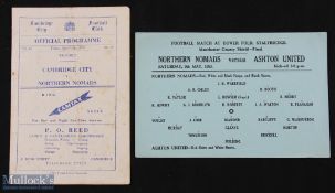 1951/52 Cambridge City v Northern Nomads friendly match programme 11 April 1952 rusty staple,