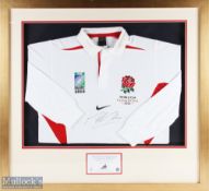 2003 England RWC Winners Official Signed Jersey: Martin Johnson Ltd Ed No. 9/100, framed and mounted