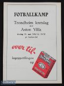 1960 Tour match programme Trondheim Kretslag v Aston Villa 24 May 1960; 4 pager. (1)