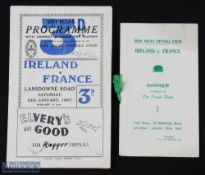 1947 Signed Ireland v France Rugby Programme, & Menu (2): Usual packed Dublin issue as Ireland ran