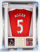 Agger Signed Liverpool FC Home replica Football Shirt in red, signed to the reverse, Coutinho No.5