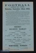 Pre-War Non-League Dulwich Hamlet v Northern Nomads friendly match programme 22 September 1923 at