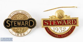1932/1934 The Football Association Steward Enamel Badges, the 1932 badge has a broken pin to back,