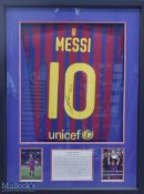 Lionel Messi Signed Barcelona Home replica Football Shirt in blue and red, autographed to the