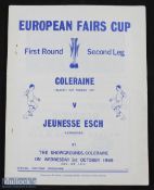1969/70 Coleraine v Jeunesse Esch (Luxembourg) official programme Fairs Cup 1st October 1969 at