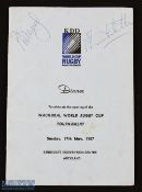 1987 Rugby World Cup Inaugural Dinner Menu. 17th May 1987, 12pp + covers. Signed by Peter Williams