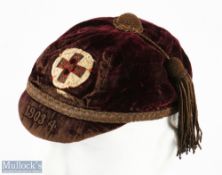 1903-4 Yorkshire Rugby League Cap: Well-worn but wonderful, maroon honours cap with gold braid,