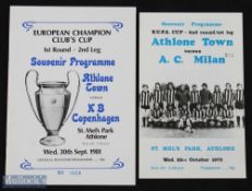 1975/76 Athlone Town v AC Milan official programme UEFA Cup 22 October 1975 kick-off 3.30pm; also