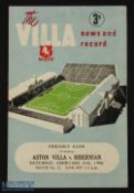 1949/50 Aston Villa Hibernian friendly match programme 11th February 1950; team changes; fair. (1)