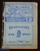 Pre-War 1938/39 Millwall v Sheffield Wednesday Div. 2 match programme 7 April 1939; fading Sellotape