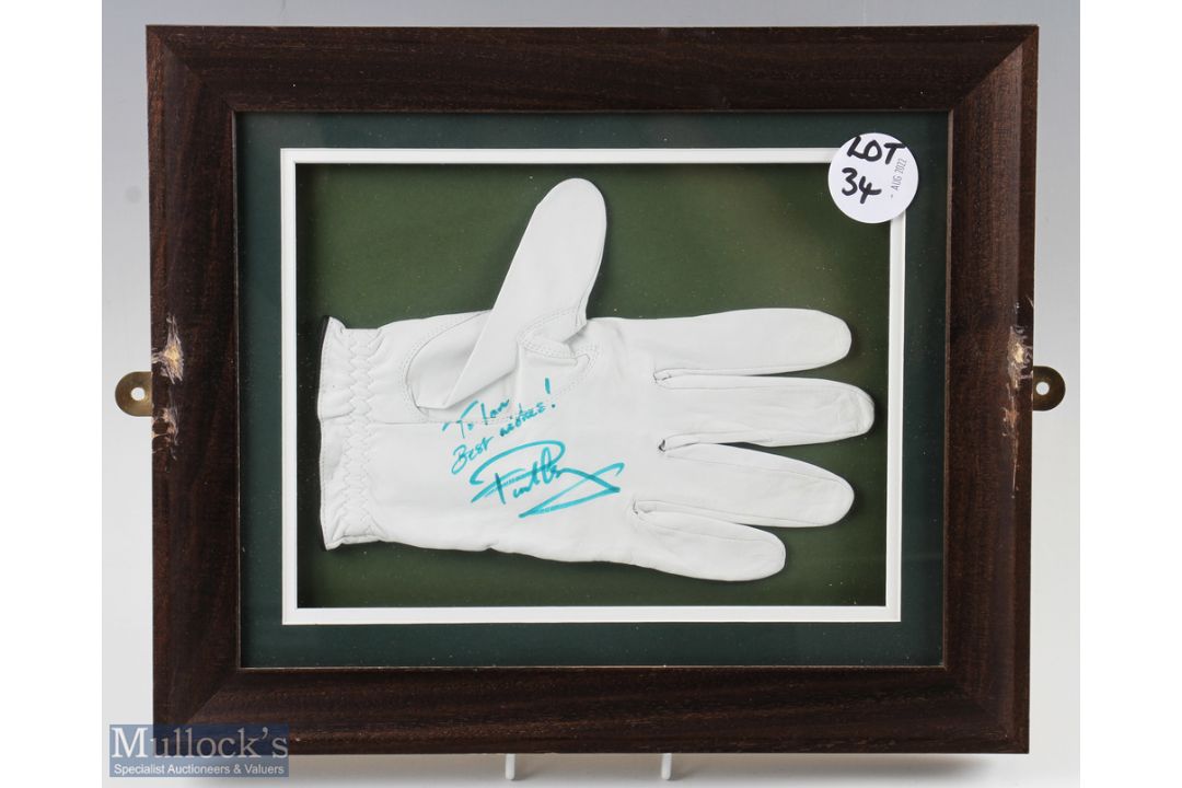 Signed Golf Glove Paul Cassey English golfer, with dedication to Ian, framed and mounted under glass