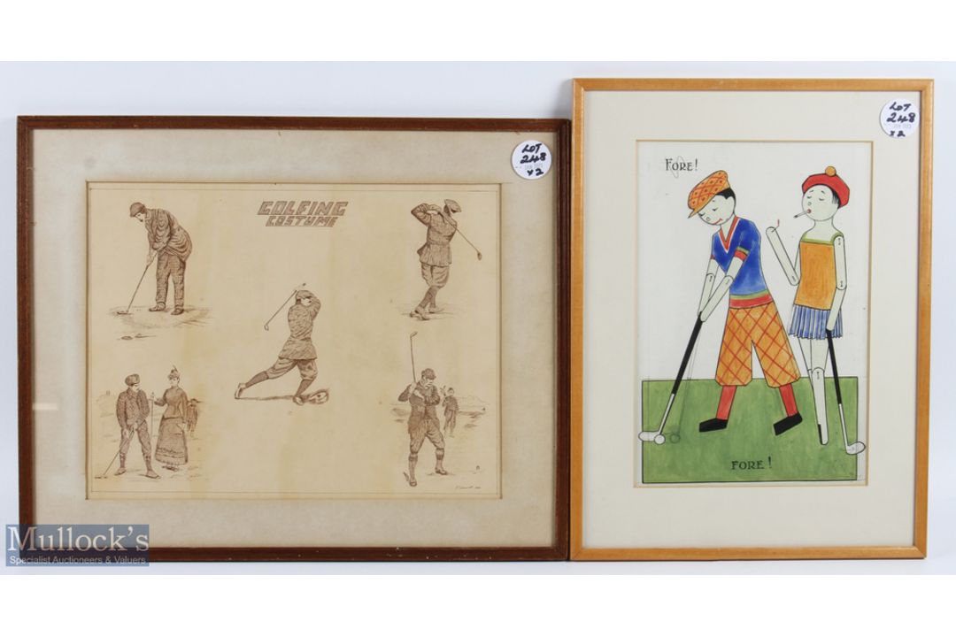 2x Interesting Golf Fashion Drawings - watercolour titled "Fore" dated and initialled on the reverse
