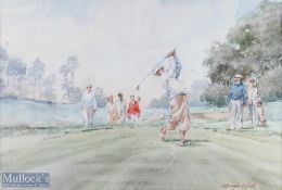 Douglas E West colour golf print of Golfers, Caddies and Lady on the Tee - image 15x 21.5