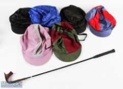 Horse Racing Silk Shull Caps, and Crop, a selection of 6 caps and a modern crop,