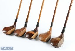 5x Various socket neck woods to incl a large light stained driver stamped W Koppel, Forgan St