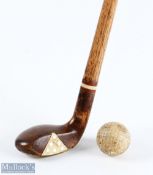 Brown stained curved soled wood head style Golf Sunday Walking Stick with ramshorn sole insert,
