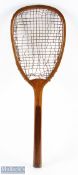c1880, R & M 3 Wooden Flat Top Tennis Racket, with rounded handle grip, missing butt cap, original