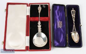 2x Edwardian Hallmarked Silver Spoons - one with figural and twist design handle engraved to bowl '