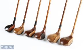 6x Assorted socket neck woods to incl large head H Crook of Belfaire driver, Forgan St Andrews large