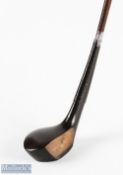 D Lowe late dark stained bulger scare head brassie with full wrap over brass sole plate - c/w the