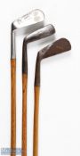 3x Left Hand Irons to incl Stainless mashie showing the well made brand for AW Gamage Ltd London,