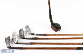 5x Left Hand Golf Irons and Wood to feature a left hand driver in dark stained persimmon stamped J