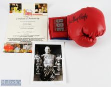 Sir Henry Cooper Signed Boxing Glove and photograph, the glove is BBE glove and a b&w photograph,