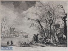 Early 18th c Dutch Kolf Winter River Scene Engraving by P Wouvermens dated 1739 and titled L'Hyver -