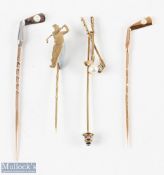 3x Gold Golfing Stick Pins - inc 14ct modelled on a golf club with seed pearl ball, weight 1.2