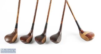 5x Assorted socket neck woods to incl St Andrews Golf Co small dark stained brassie with full