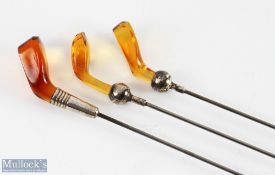 3x Golfing Hat Pins - each having cairngorm coloured glass golf head tops with white metal mounts,