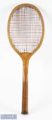 c1900 the Standard Perfect Wooden Tennis Racket, made in Paris, original red/white stringing,