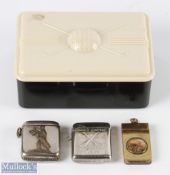 3x Golf vesta cases all base metal 2 with golf scenes, and an advertising Pin golf ball 2/6 all