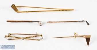 Golfing Related Gold and Yellow Metal Brooches - 9ct brooch modelled as a golf club, length 7.5cm,
