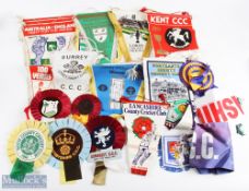 A Collection of Cricket Rosettes, Pennants, Silk Scarves - c1970-1990, with noted items of