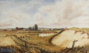 Fine early watercolour possibly Hunstanton Golf Links and Golfers with Holm Church in the background