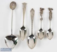 5x Large Hallmarked Silver Golfing Spoons - inc Arts & Crafts style Royal Blackheath, engraved St